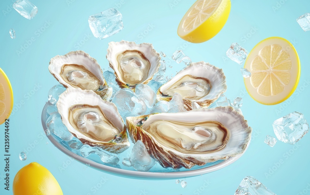 Floating Platter of Fresh Oysters with a Splash of Lemon Juice and Ice Cubes Suspended in the Air on a Soft Pastel Blue Background Floating Platter of Fresh Oysters with a Splash of Lemon Juice and Ice Cubes Suspended in the Air on a Soft Pastel Blue Background