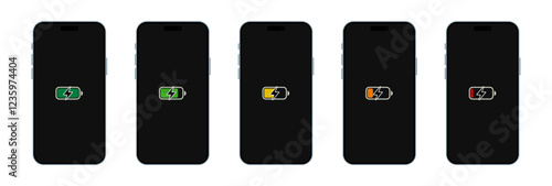 Smartphone Batteries and Charging status on screen Illustration. Vector set