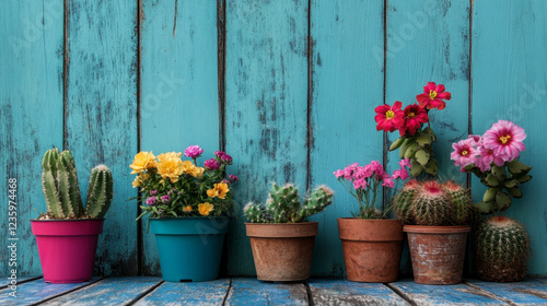 Colorful potted flowers and cacti sit beautifully against a blue wooden background, creating a vibrant and fresh arrangement. AI generative photo