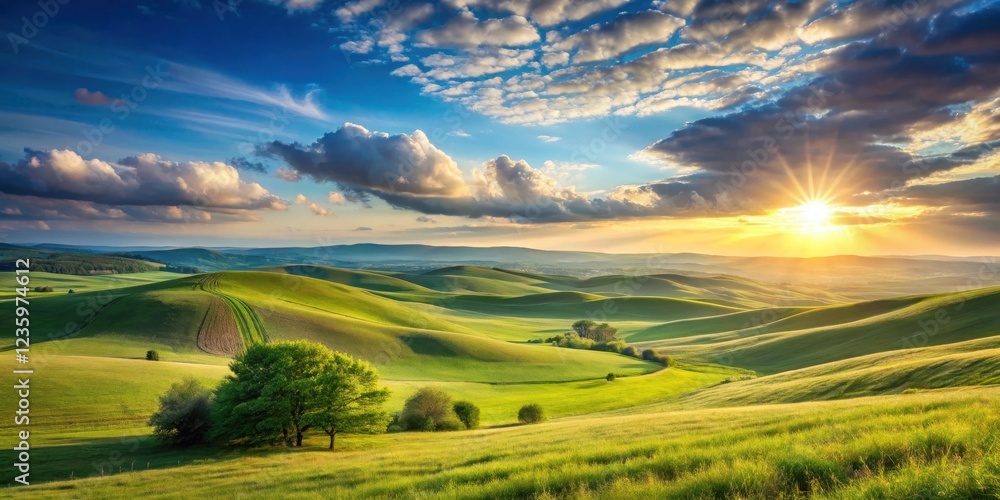 Fototapeta premium A picturesque panorama of rolling green hills bathed in the golden light of a setting sun, with a lone tree standing tall against the backdrop of a vibrant blue sky dotted with fluffy clouds