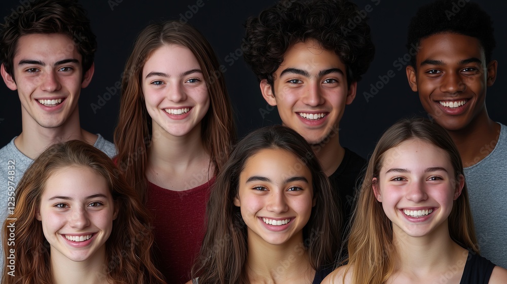 Diverse Group of Smiling Teenagers against a Dark Background Diverse Group of Smiling Teenagers against a Dark Background