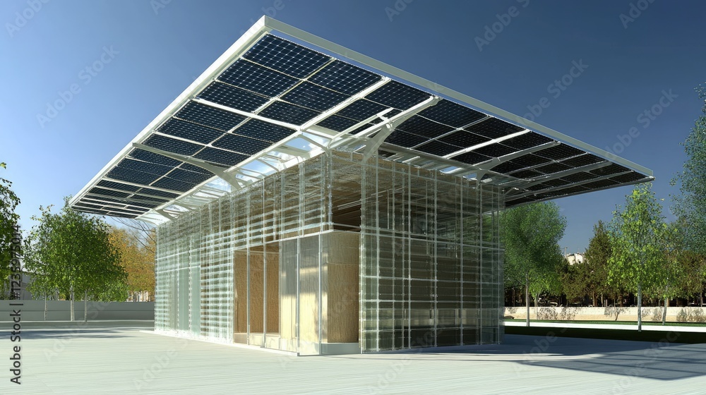 Obraz premium A transparent building with a fully integrated solar faade and smart shading.
