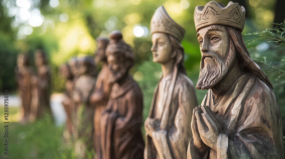 Naklejka premium Wooden statues of kings and religious figures in a green garden