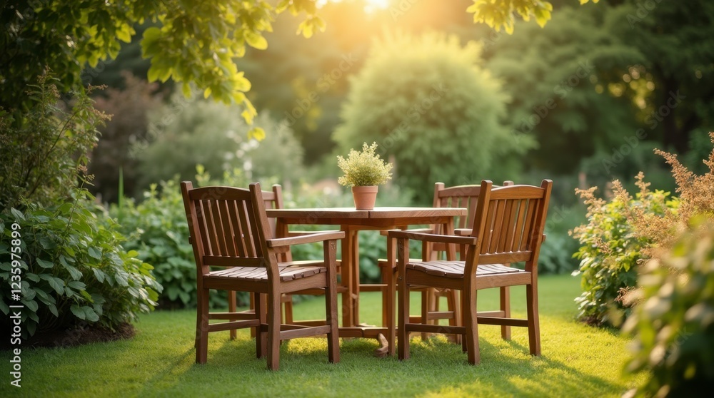 Fototapeta premium Outdoor Dining Bliss: A Cozy Garden Table Setting. Sunlit Serenity: Enjoying Nature at Your Garden Table. Gather in Nature: The Perfect Outdoor Oasis.