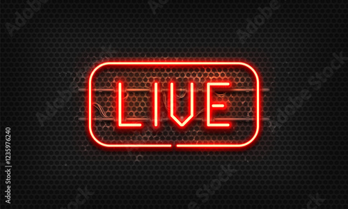 LIVE neon sign on dark background. Radio recording or online broadcast sign. Vector illustration.