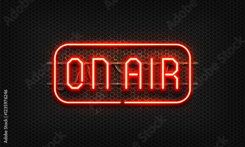 ON AIR neon sign on dark background. Live radio recording or online broadcast sign. Vector illustration.
