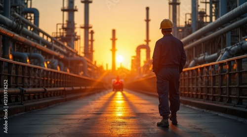 A Worker’s Journey in the Refinery: Sunset Silhouettes. Harnessing the Dawn of Energy: Safety in the Workplace. Commitment at Dusk: The Life of an Industrial Worker.