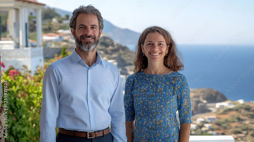 Naklejka premium love couple man and woman travel together, standing smiling with gorgeous view of hilltop with coastal town and green forest below
