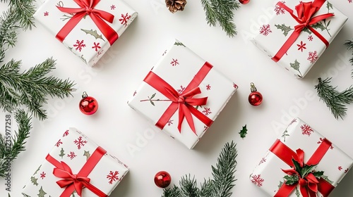 Gift boxes wrapped in red ribbons on eco-friendly paper, isolated on white background.