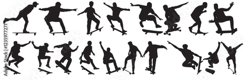 skater silhouettes. Collection of skate boarder on isolated white background.