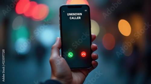 a hand holding a smartphone that displays an incoming call labeled 