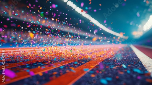 A vibrant and dynamic scene of colorful confetti scattered on a running track, suggesting celebration and excitement in a sporting context.