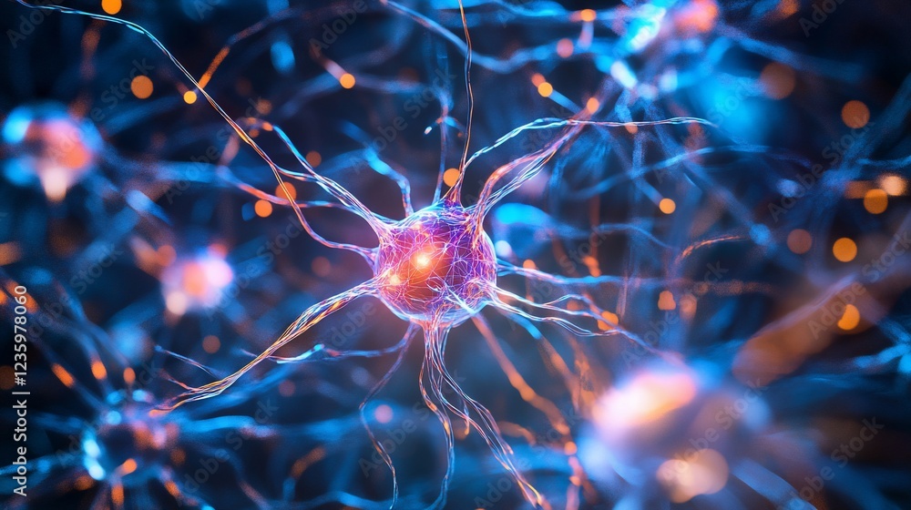 Close up of nerve cells with glowing connections illustrating a complex system Close up of nerve cells with glowing connections illustrating a complex system
