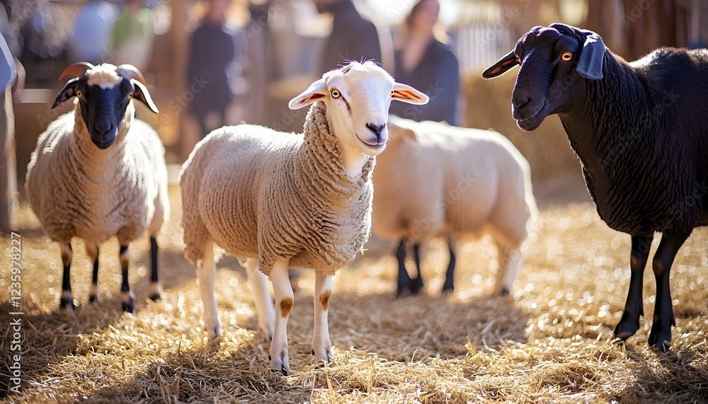 Sheep and goats interacting with visitors in a lively barnyard setting, hay-covered ground, friendly atmosphere Sheep and goats interacting with visitors in a lively barnyard setting, hay-covered ground, friendly atmosphere