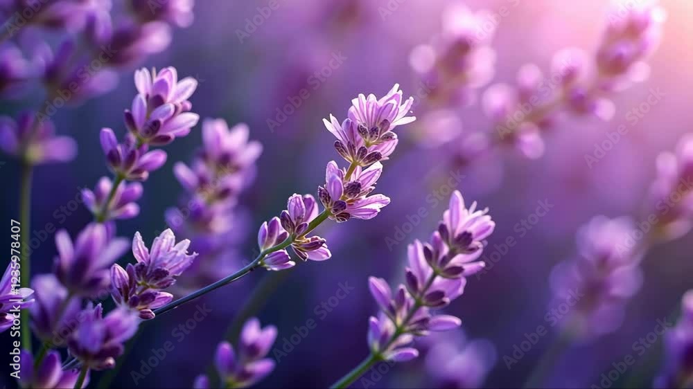 Bunch of purple flowers with a bright sun in the background. The flowers are in full bloom and the sun is shining brightly on them. Scene is peaceful and serene, as the flowers are in full bloom