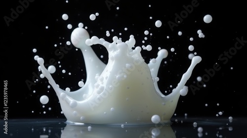 splash of milk against a black background. The droplets are frozen in time, showcasing the fluidity and movement of the liquid as it creates a crown-like formation.