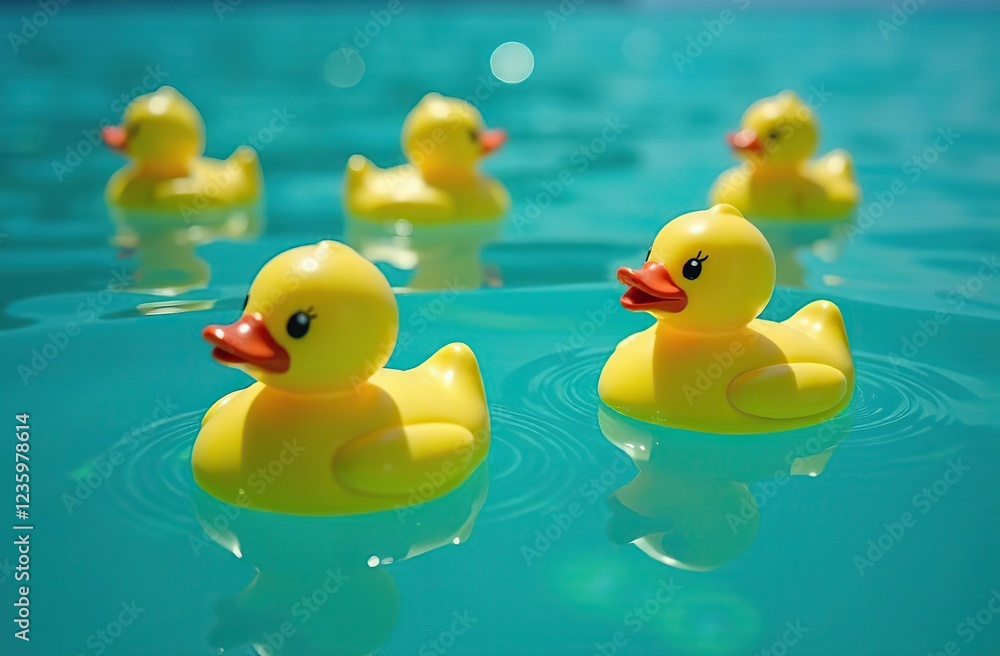 Sea of identical rubber duckies floating in calm, crystal-clear water, their vibrant yellow contrasting with the deep blue Sea of identical rubber duckies floating in calm, crystal-clear water, their vibrant yellow contrasting with the deep blue