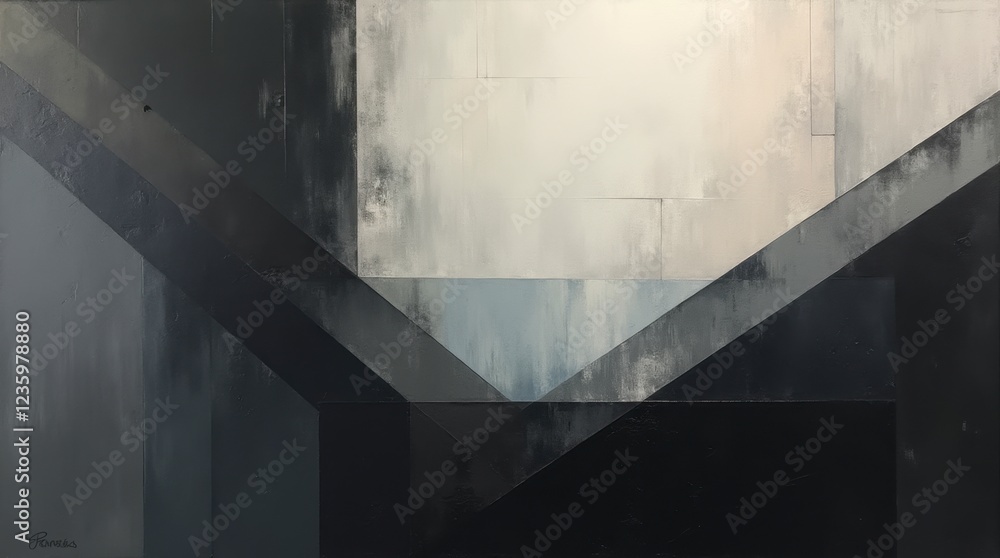 an abstract painting featuring geometric shapes and a muted color palette. Dynamic Black and White Geometric Composition.
