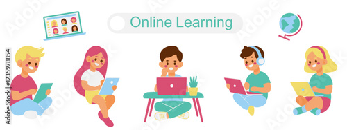 Online Learning Concept with Children Studying Using Digital Devices
