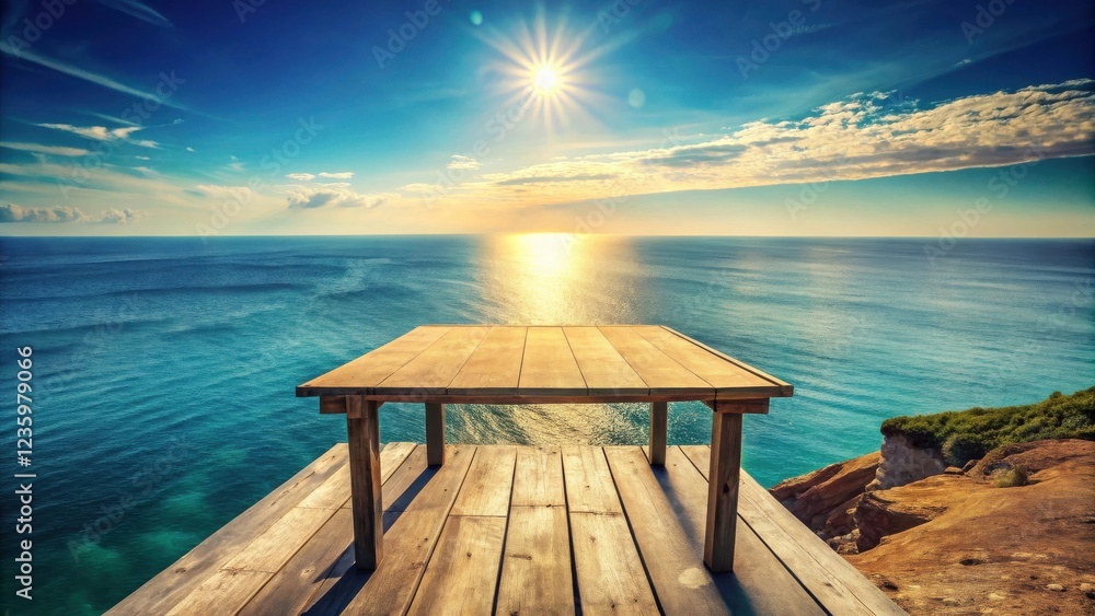 Wooden table on a cliff overlooking the vast ocean at sunset with sun reflecting on the water Wooden table on a cliff overlooking the vast ocean at sunset with sun reflecting on the water