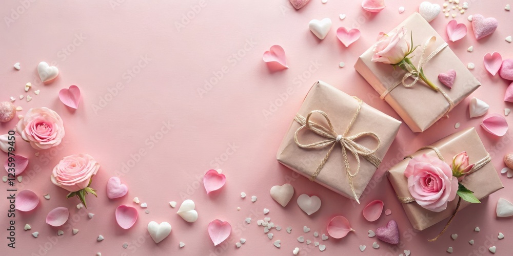 Romantic Gifts Wrapped in Kraft Paper Adorned with Pink Roses and Heart-Shaped Petals on a Pastel Pink Background Romantic Gifts Wrapped in Kraft Paper Adorned with Pink Roses and Heart-Shaped Petals on a Pastel Pink Background