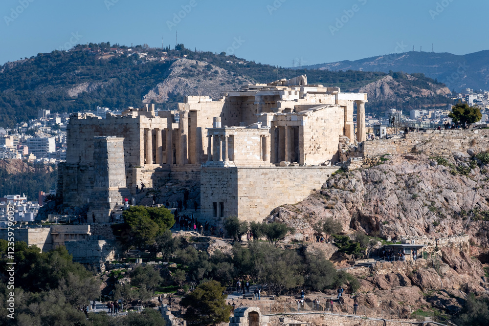 Obraz premium Athens, Greece. Acropolis propylaea gate remains, view from Philopappos Hill.