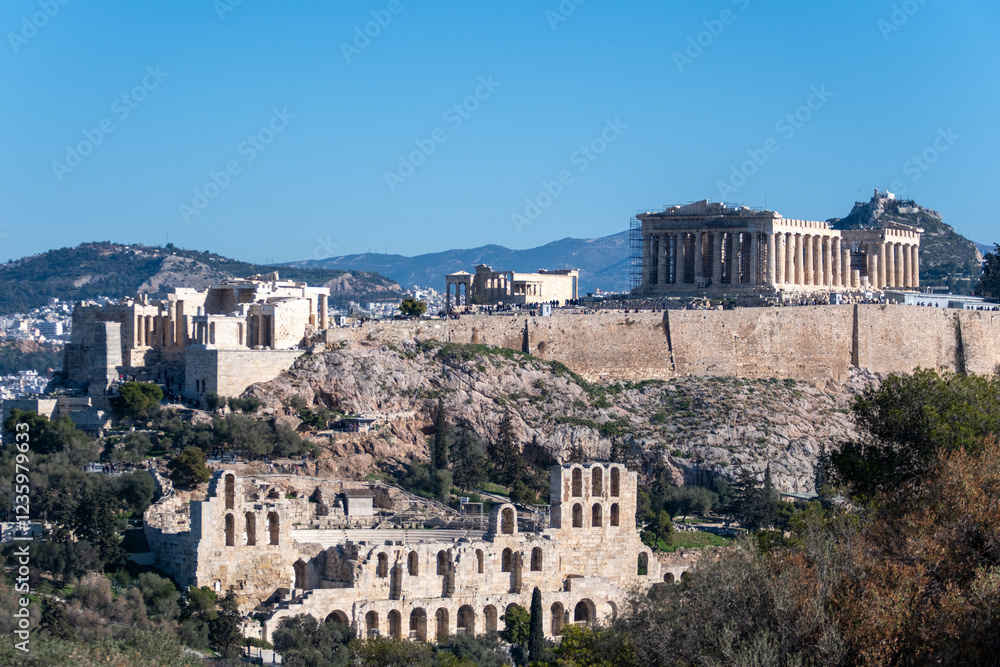 Naklejka premium Athens, Greece. Parthenon and Propylaea, Acropolis hill and Herodeion. View from Philopappos hill