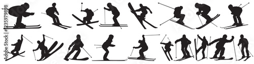set of silhouettes of ski. Ski on isolated white background. 