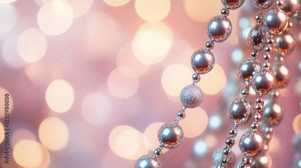 Elegant silver beads shimmer against a soft, bokeh background. Elegant silver beads shimmer against a soft, bokeh background.