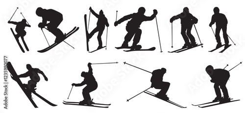 Vector silhouette set of a skier.  Skiing vector silhouette isolated