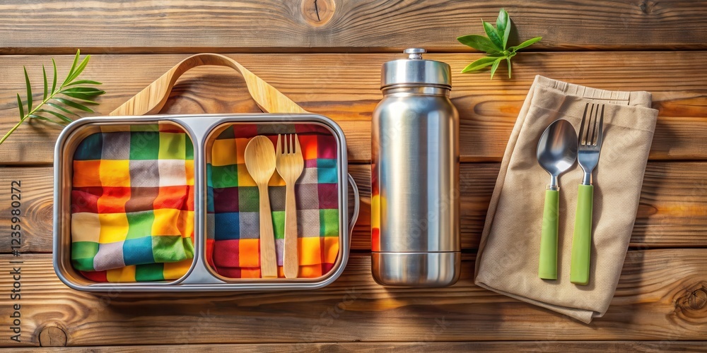 A Sustainable Picnic Set with a Metal Lunchbox, Wooden Utensils, and a Reusable Water Bottle