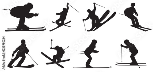 Vector silhouette set of a skier.  Skiing vector silhouette isolated