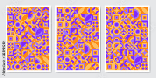 Color neo geo poster. Modern grid flyer with geometric shapes, geometry graphics and abstract background vector set. Geometry grid pattern banner vivid presentation illustration