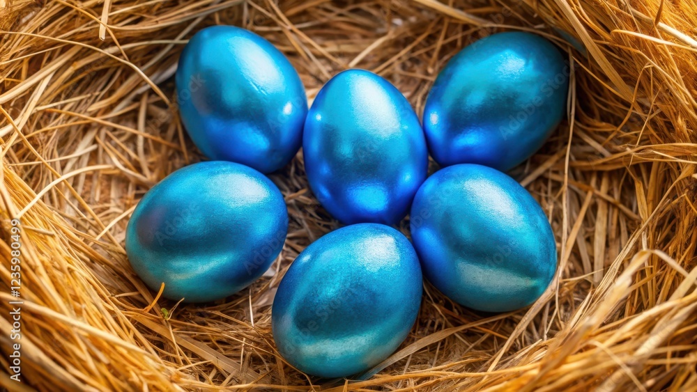 A nest of six vibrant blue eggs, shimmering with an ethereal glow, nestled amongst golden straw, symbolizing the preciousness of new beginnings and the promise of a joyful future. A nest of six vibrant blue eggs, shimmering with an ethereal glow, nestled amongst golden straw, symbolizing the preciousness of new beginnings and the promise of a joyful future.