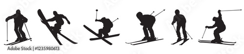 skiing silhouette. collection of skier on isolated background