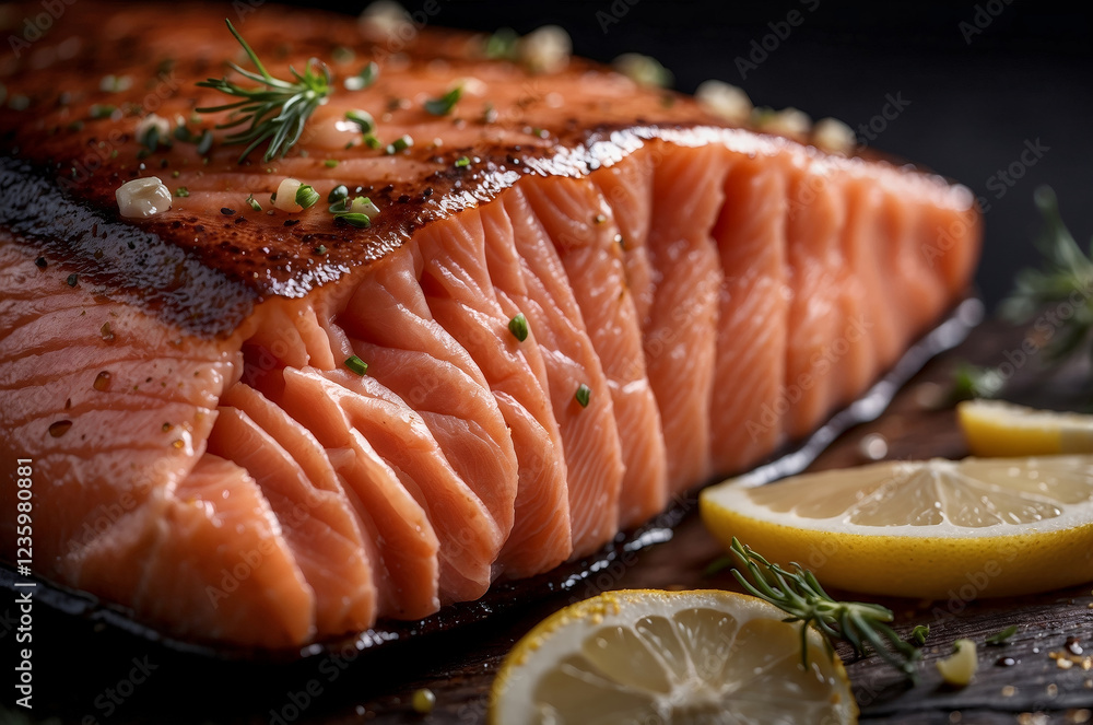 Grilled Salmon with Lemon: A succulent piece of grilled salmon, glistening with flavorful marinade, rests on a dark wooden board, accompanied by fresh lemon slices and sprigs of herbs. Grilled Salmon with Lemon: A succulent piece of grilled salmon, glistening with flavorful marinade, rests on a dark wooden board, accompanied by fresh lemon slices and sprigs of herbs.