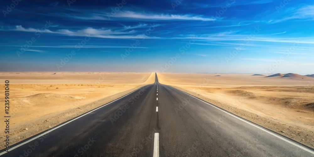 Naklejka premium A long, straight asphalt road stretches towards the horizon in a vast, sun-drenched desert landscape under a bright blue sky with wispy clouds.