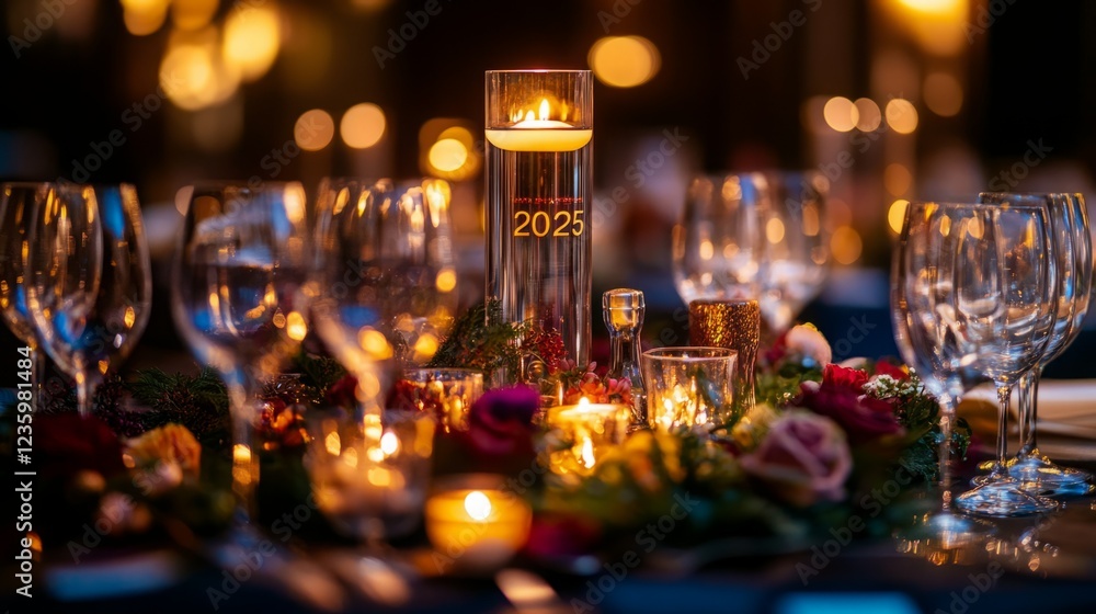 Elegant New Year's Eve table setting with candlelight and 2025 etched on a centerpiece. Elegant New Year's Eve table setting with candlelight and 2025 etched on a centerpiece.