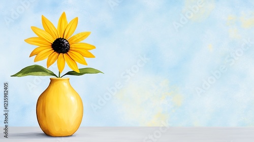 Vibrant yellow sunflower in a bright vase against a pastel blue background creating a cheerful decor atmosphere
