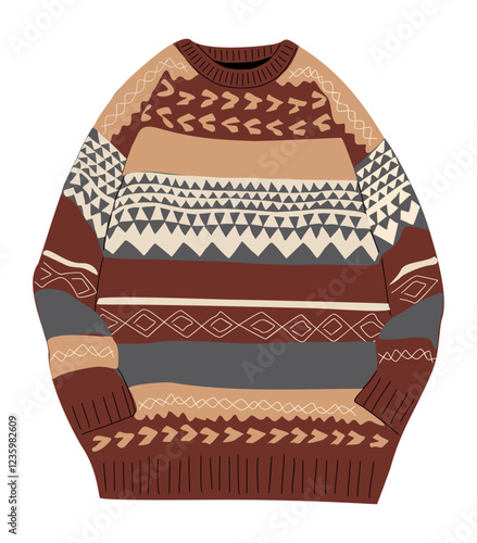 Knitted wool sweater. Warm soft woolen pullover. Winter clothes, knitwear with scandinavian pattern. Cozy garment for cold weather, season. Flat vector illustration isolated