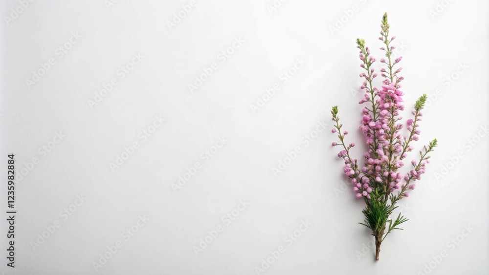 Fototapeta premium A single sprig of delicate pink flowers blooms gracefully against a pristine white background, its delicate petals a stark contrast to the simplicity of the backdrop.