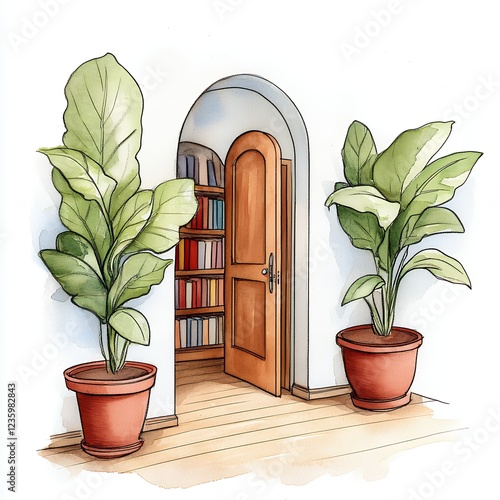 Welcoming interior with archway and green potted plants inviting exploration of a cozy reading nook