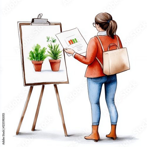 Woman comparing sketches of potted plants at an easel in a creative gardening design workspace