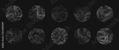 Set of topographic map circle patterns. Abstract background featuring mountain contour lines with varied textures and shapes. Vector illustration of elevation layers and landscape form.