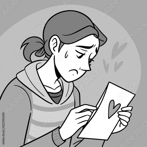 Heartbreak Valentine's Day Cartoon: Sad Person Reading Rejection Card.