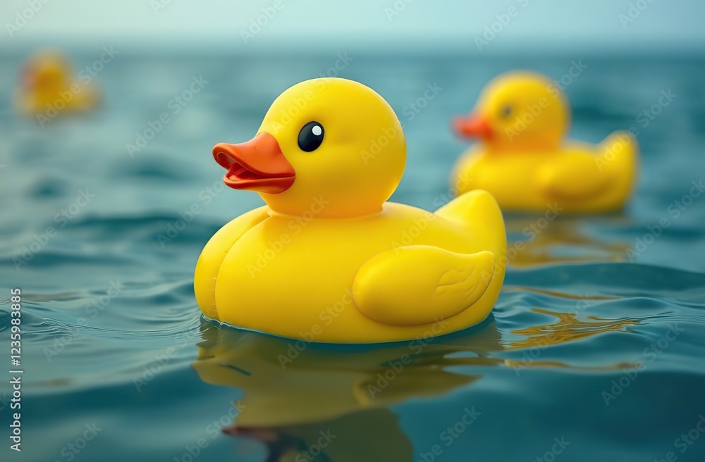 Sea of identical rubber duckies floating in calm, crystal-clear water, their vibrant yellow contrasting with the deep blue Sea of identical rubber duckies floating in calm, crystal-clear water, their vibrant yellow contrasting with the deep blue