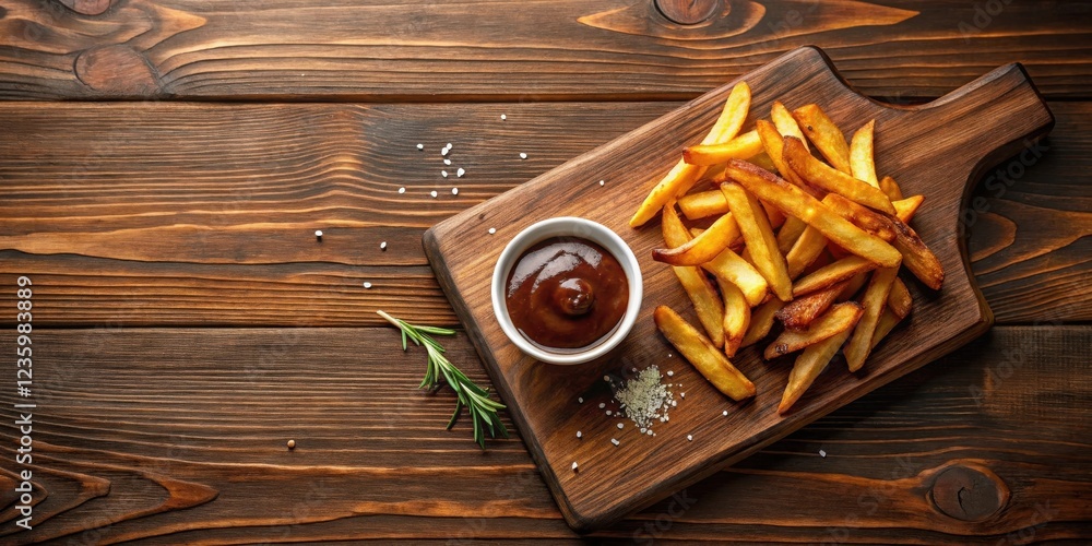 A heap of crispy golden French fries with a small bowl of rich brown sauce on a wooden serving board with a sprinkle of salt nearby. A heap of crispy golden French fries with a small bowl of rich brown sauce on a wooden serving board with a sprinkle of salt nearby.