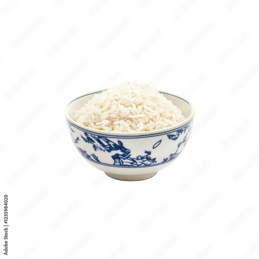Bowl of White Rice on a White Background with Decorative Patterns Bowl of White Rice on a White Background with Decorative Patterns