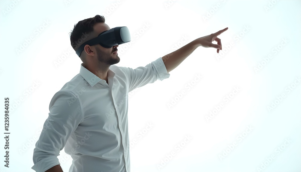 An innovative scene featuring a man immersed in a VR experience, set on a clean white background ideal for dicut applications. An innovative scene featuring a man immersed in a VR experience, set on a clean white background ideal for dicut applications.