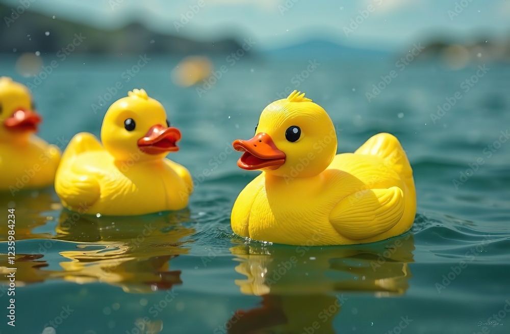 Sea of identical rubber duckies floating in calm, crystal-clear water, their vibrant yellow contrasting with the deep blue Sea of identical rubber duckies floating in calm, crystal-clear water, their vibrant yellow contrasting with the deep blue